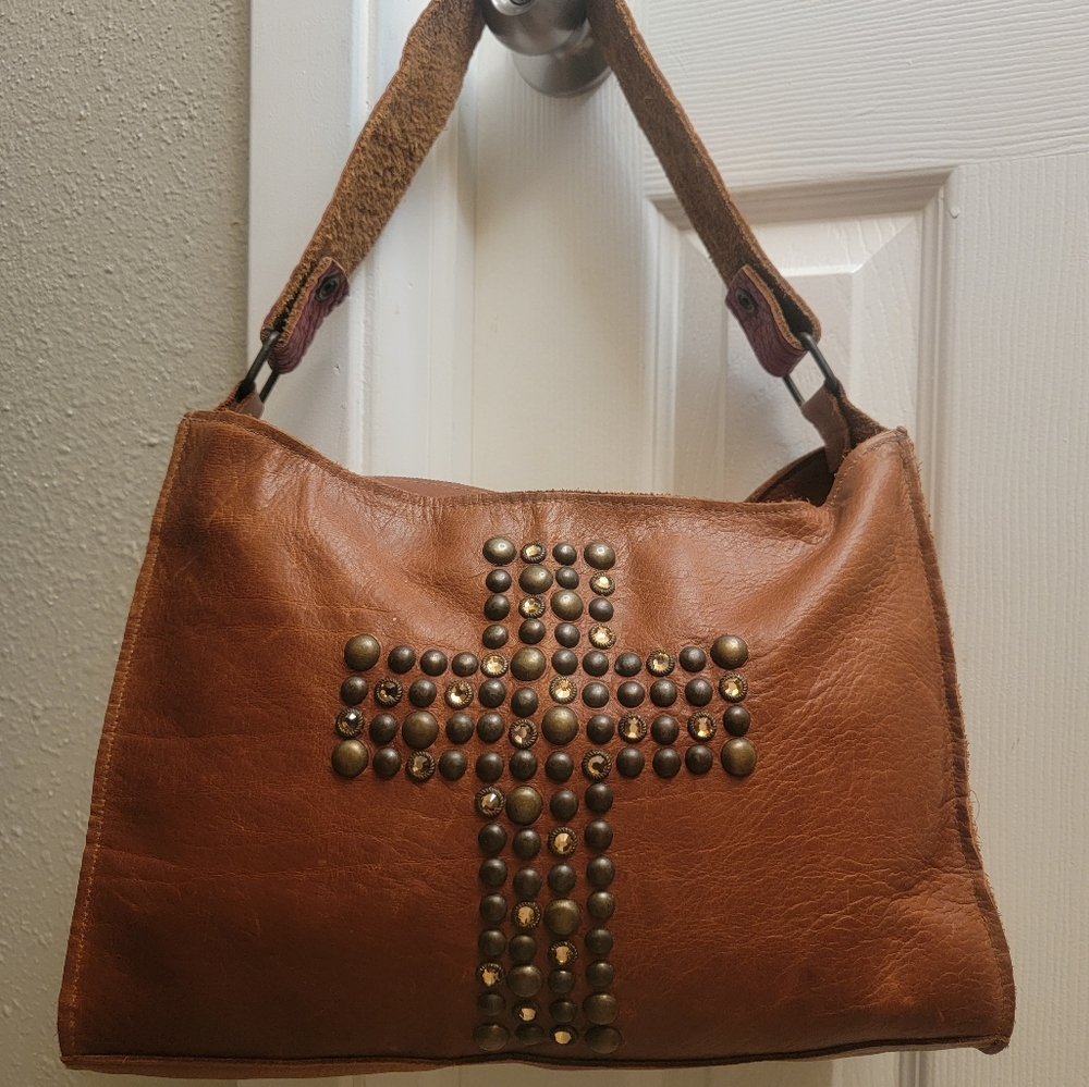 Brown Leather Shoulder Bag with Studded Cross Design
